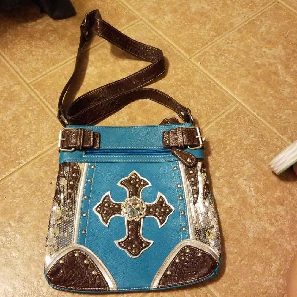 Blue and brown crossbody purse